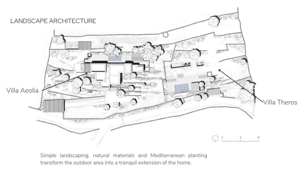 Landscape masterplan of Villa THEROS and Villa Aeolia in Paros, Greece, showing Mediterranean outdoors, natural stone landscaping, private pools and carefully designed outdoor living spaces that maximise privacy and panoramic views.
