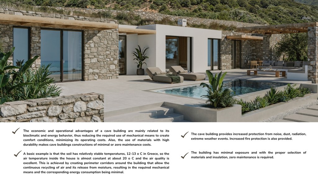 Villa THEROS cave house architecture in Paros showing the stone-built exterior