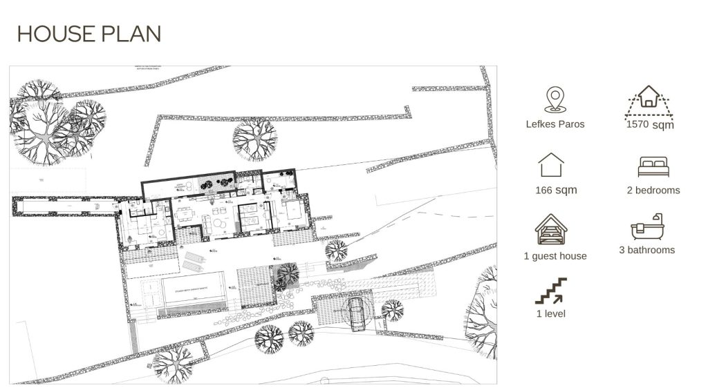 Floor plan of Villa THEROS in Paros for sale, showing the main Villa, private guest house, private pool, landscaped gardens and outdoor living areas.