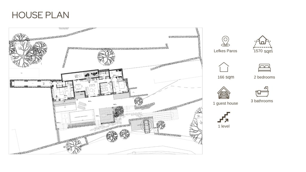 Floor plan of Villa THEROS in Paros showing the main Villa, private guest house, private pool, landscaped gardens and outdoor living areas.