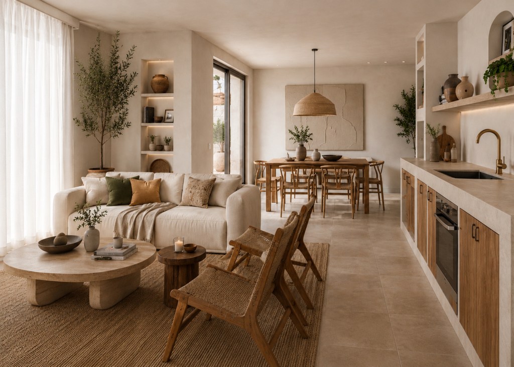 Luxury open-pan living room, kitchen and dining are at Villa Theros in Paros, Greece. Buy property in Paros Greece