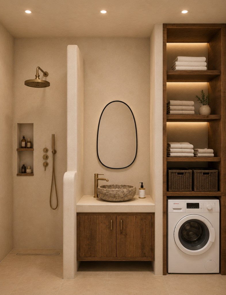 Elegant guest house bathroom at Villa THEROS in Paros Greece, featuring a walk in shower, natural stone basin, bespoke wooden vanity, integrated washing machine and contemporary Cycladic design.