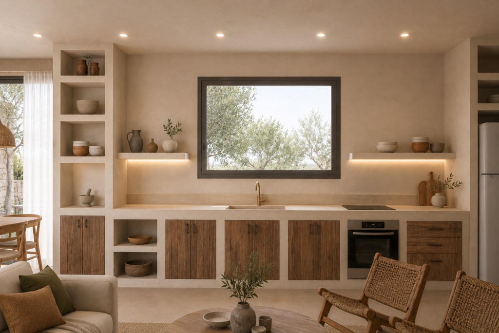 Contemporary Cycladic kitchen and living area at Villa THEROS in Paros featuring handcrafted wooden cabinetry, natural materials of Patiti, and warm earth colours