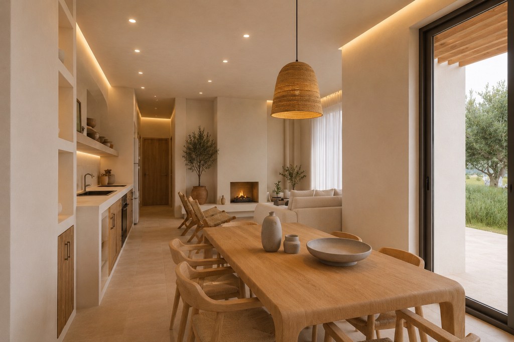 Elegant open-plan dining area at Villa Theros in Paros Greece featuring handcrafted wooden furniture, a contemporary Cycladic kitchen, natural materials and seamless indoor-outdoor living.