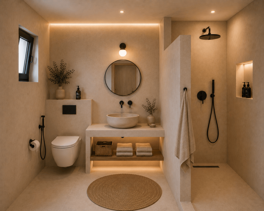 Elegant Cycladic bathroom at Villa THEROS in Paros with walk in shower, natural stone finishes and warm cabinet lighting