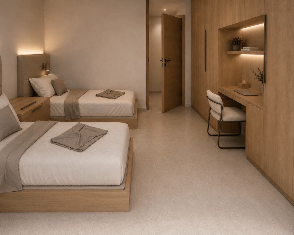 Bright children's or guests bedroom at Villa THEROS in Paros Greece with direct access to the outdoor living area and pool