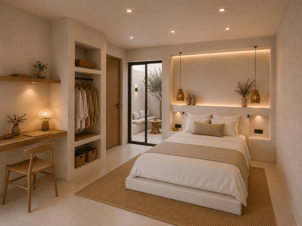 Luxury master suite at Villa THROS in Paros Greece, featuring a king-size bed, en-suite restroom, and direct access both to the private patio with an outdoor shower and the terrace with undisturbed views and private pool