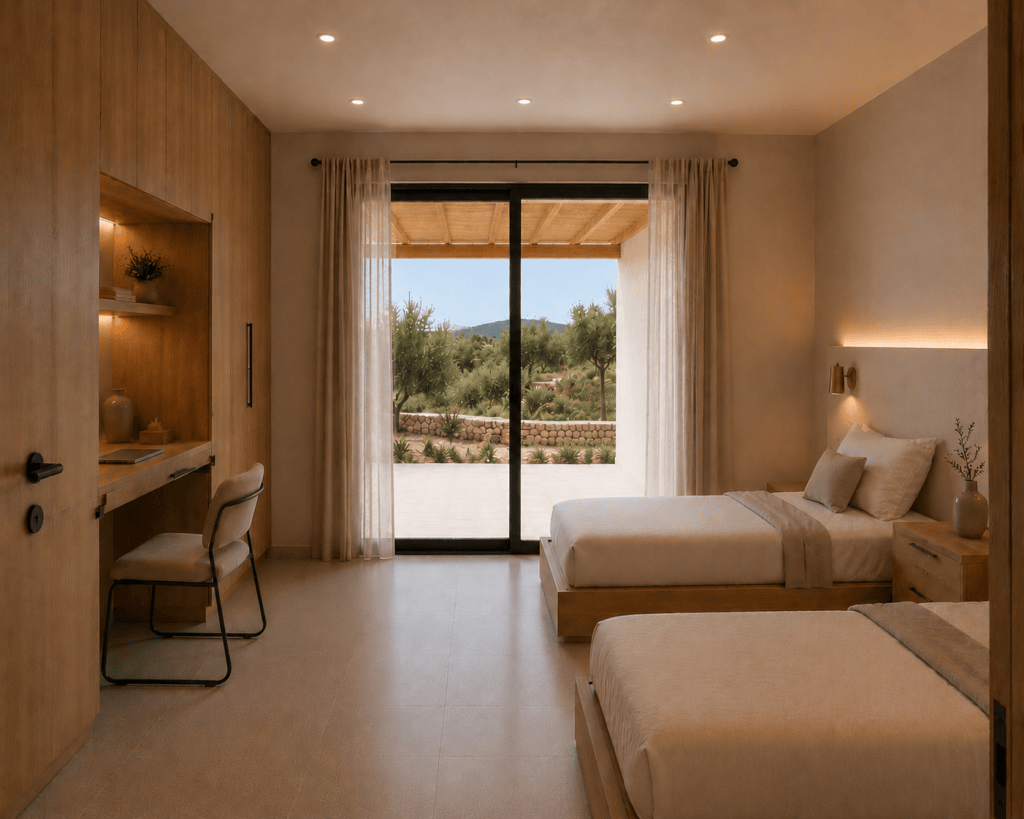 Bright children's or guest bedroom at Villa THEROS in Paros featuring twin beds, bespoke furniture, a private workspace and direct access to the landscape outdoor area.