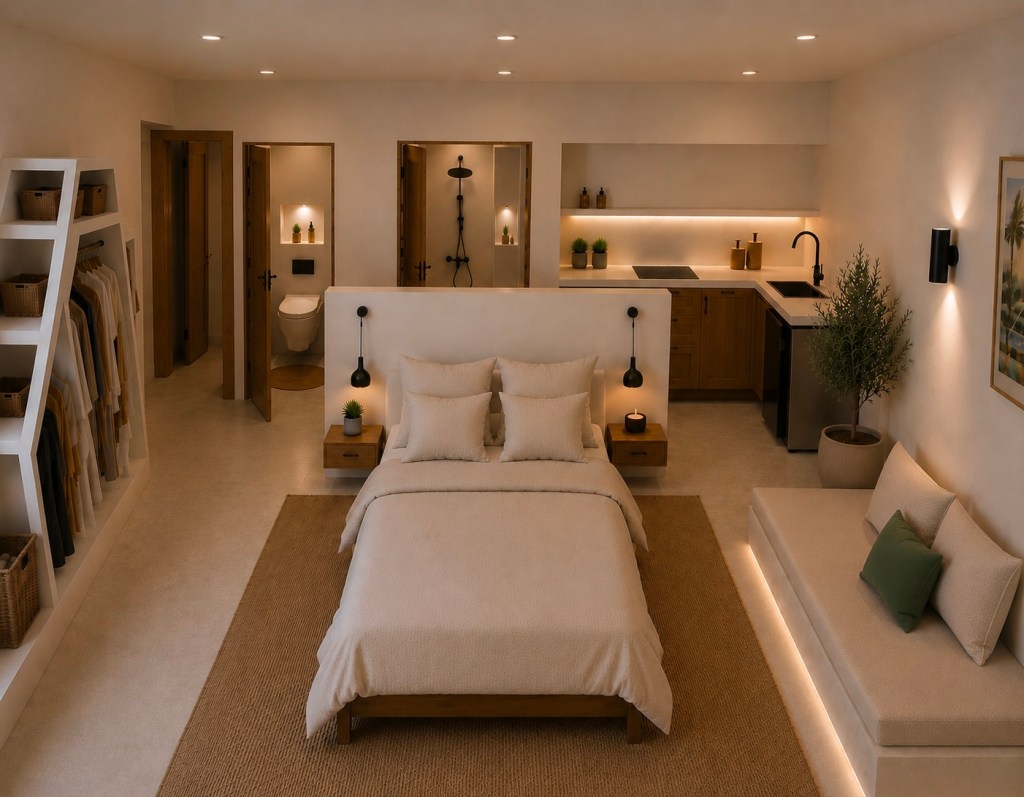 Private guest house studio at Villa THEROS in Paros featuring a king-size bed, bespoke kitchenette, en-suite bathroom, lounge area and contemporary Cycladic design