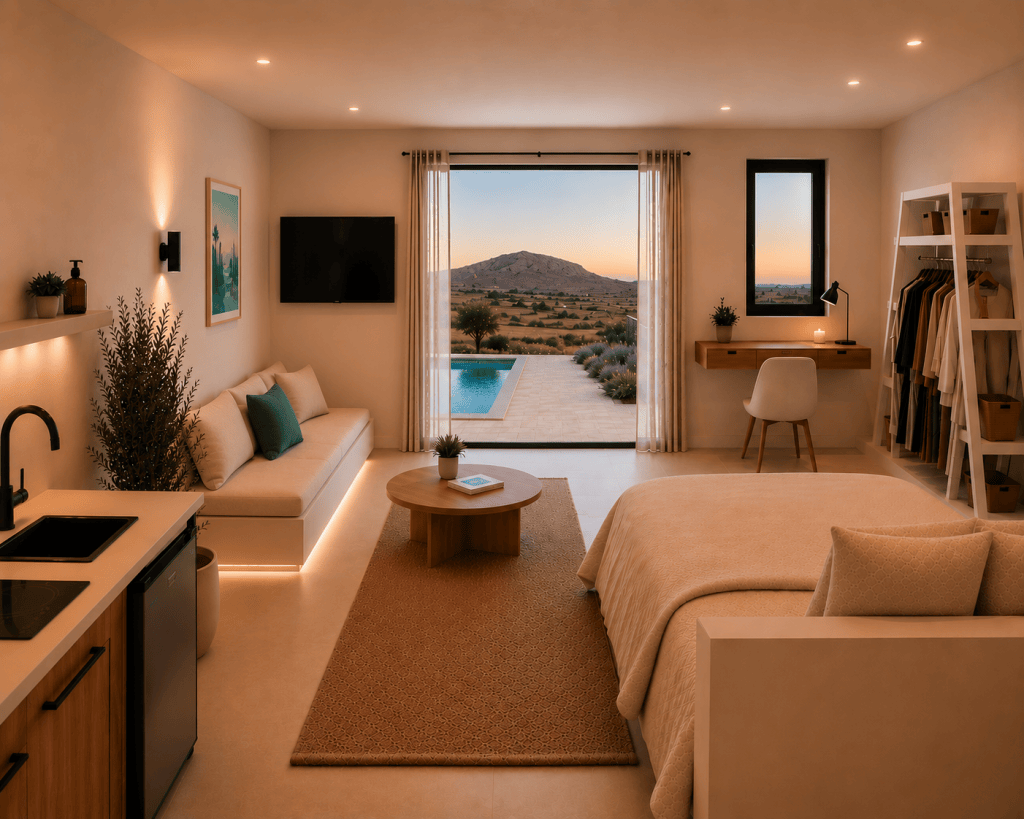 Guest house interior at Villa THEROS in Paros, featuring an open-plan design.